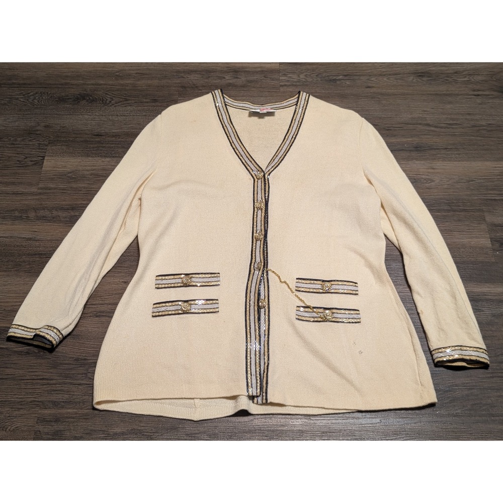 VTG St. John Knit Blazer Sweater Chain Rhinestone Buttons Cream Gold Size14 READ